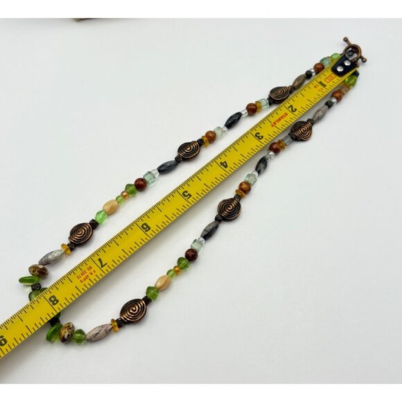 Earth Tone Beaded Necklace with Copper Spiral Accents Faux Stone Boho Nature - Picture 3 of 7